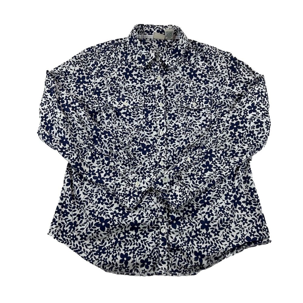 LL Bean All Over Print Floral Button Up Shirt Womens L Reg Blue White Pocket